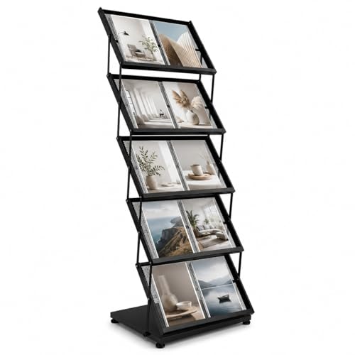 Foldable Floor Standing Magazine & Brochure Display Rack with Wheels, 5 Tiers