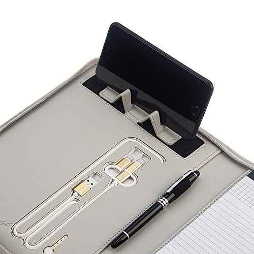Phone Charging Business & Travel Portfolio w/Built-in Power Bank- Zipper Closure & Refillable Pad- Professional Organizer Padfolio That Charges Phones/Tablets on The Go (Gray)