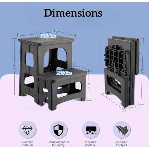 2 Step Stool Foldable, Non-Slip Steps, Folding Step Stool for Adults & Kids, Plastic Stool Pool Ladder, Collapsible Stools 2 Step Ladder for Kitchen Toilet Bedroom Office RV, Holds 330 lbs