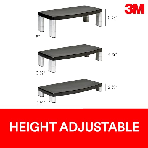 3M Extra Wide Adjustable Monitor Stand, Three Leg Segments Simply Adjust Height from 1" to 5 7/8", Sturdy Platform Holds Up to 40 lbs, 16-inch Space Between Columns for Storage, Silver/Black (MS90B)