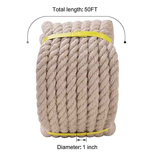 Natural Jute Rope 1 Inch x 50 Ft - Heavy Duty 900 LB Strength, Twisted Hemp Rope for Crafts, Porch Swings, Tug of War, Deer Hunting, Nautical Decor, Landscaping & Home DIY Projects
