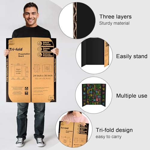 IKAYAS 2 Pack Trifold Black Poster Boards 36x48 Inches for Science & Display Projects