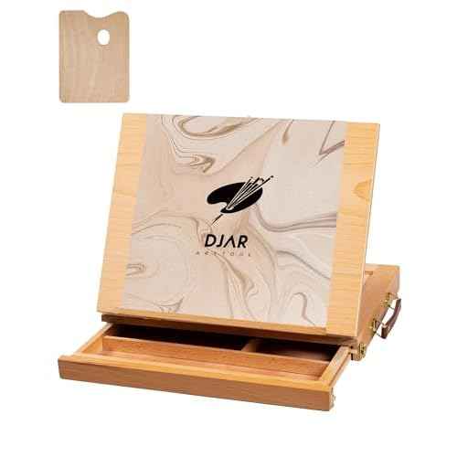 DJAR Adjustable Tabletop Art Easel ? Beechwood Desktop Sketch Easel Box with Storage Drawer & Palette, Drawing, Sketching, and Painting, Hold Canvas up to 11" x 14", Natural