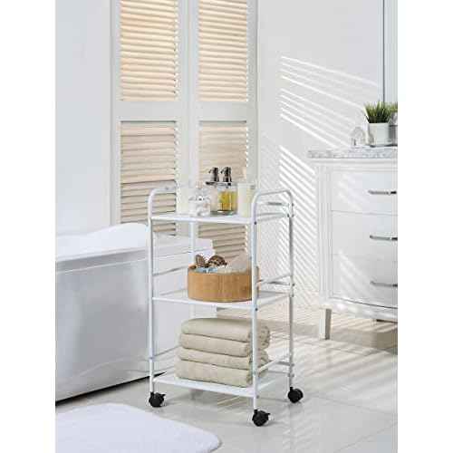 SunnyPoint 3-Tier Rolling Utility Cart ? Metal Storage Organizer with Wheels, Mobile Kitchen Cart, Office & Home Organizer, White, 12" D x 16.92" W x 31.1" H