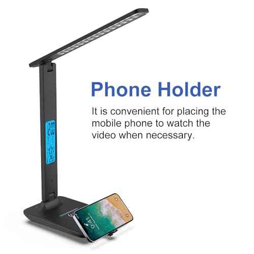 Multifunctional LED Desk Lamp with Wireless Charger,USB Charging Port,Clock,Phone Holder,Desk Lamps for Home Office,Eye-Caring Reading Lamp,Study Lamp for Boys,Girls,Teens,Black