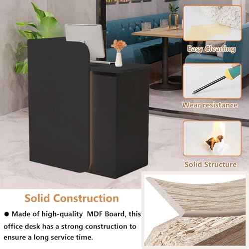 Modern Reception Desk with Curved Privacy Panel & LED Light Strip, Lockable Drawers, 6 Color Options Front Counter Desk, Retail Checkout Counter for Salon, Office, Boutique(Black)