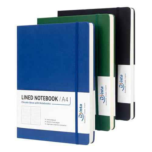Dynta A4 Lined Journal Notebooks 3 Pack 8.5" x 11" Leather Hardcover Journals 200 Pages/100 Sheets Large Notebooks for Work, Journaling, Note Taking (Black, Green, Blue)