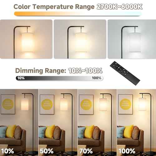 Floor Lamp for Living Room, 9W LED Bulb, Remote Custom Color Temperature & Brightness, Tall Standing Lamps for Bedroom Office Kid Room, Black