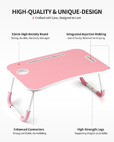 Pink Foldable Laptop Desk with Cup Holder & Tablet Slot - Portable Bed & Office Stand