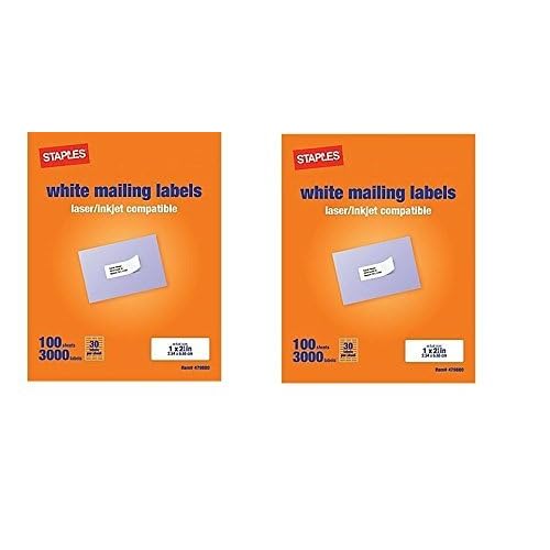Staples White Mailing Labels for Laser Printers, 1 x 2.62 Inch, 100 Sheets, 3000 Labels, (2 Pack)