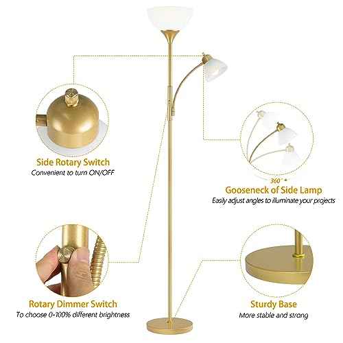 Floor Lamp, Standing lamp, Stepless Dimming Brightness, Included 9W and 5W LED Bulbs, Lamp for Living Room, Bedroom, Office, Reading