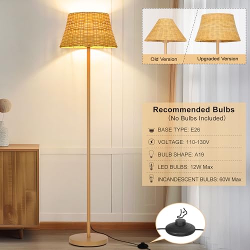 Upgraded:Boho Floor Lamps for Living Room, Rattan Floor Lamp with Woven Wicker Lampshade, 62 inches Mid Century Modern Standing Light, Farmhouse Rustic Coastal Lamp for Bedroom Office,Easy Foot Switch