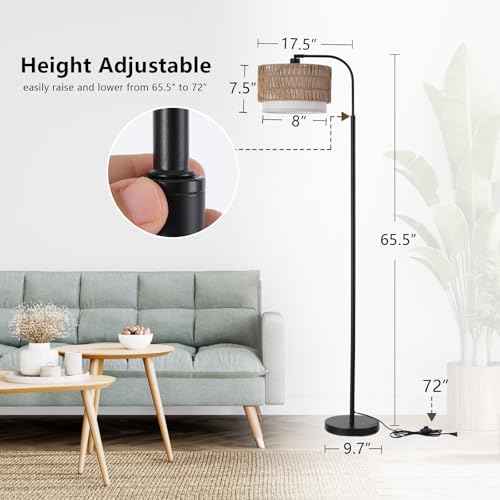 Arc Floor Lamp for Living Room£¬Boho Standing Lamp with Rattan & Fabric Shades,Farmhouse Floor Lamps with Foot Switch£¬Adjustable Tall Lamp for Bedroom, Office,LED Bulb Included