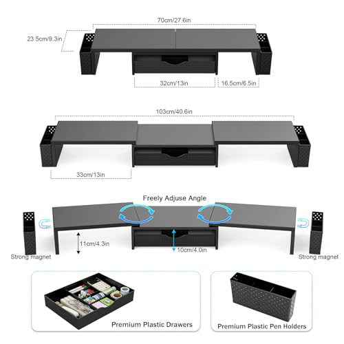 Spacrea Dual Monitor Stand Riser with Drawer & Pen Holders - Black