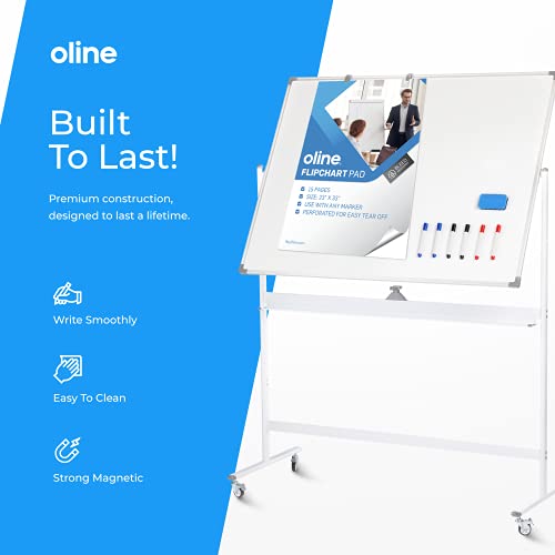 Oline Mobile Whiteboard 48x36 Inch Reversible Magnetic Dry Erase Board with Height Adjustment and Wheels - White & Silver