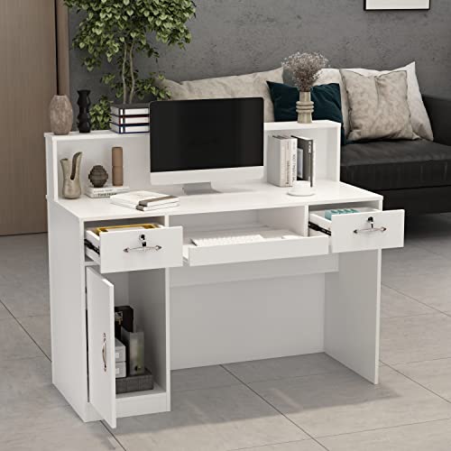 Reception Desk with Lighted Display Shelf, Lockable Drawers - 47.2" White