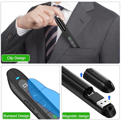 USB C Rechargeable Presentation Clicker with Green Light, Remote Clicker for Presentations Wireless Presenter Slide Changer PPT Advancer with Volume Control for Laptop Computer