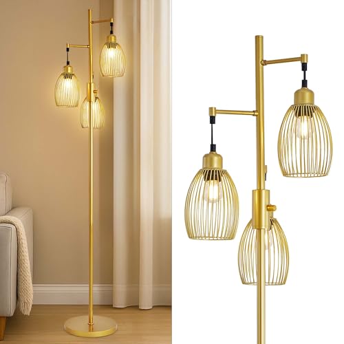Industrial Floor Lamp 68'' - 3-Light Gold Dimmable Rustic Floor Lamp with Sturdy Pole & Heavy Base, 800 Lumens LED Bulbs Lamp for Living Room, Bedroom, Office Decor