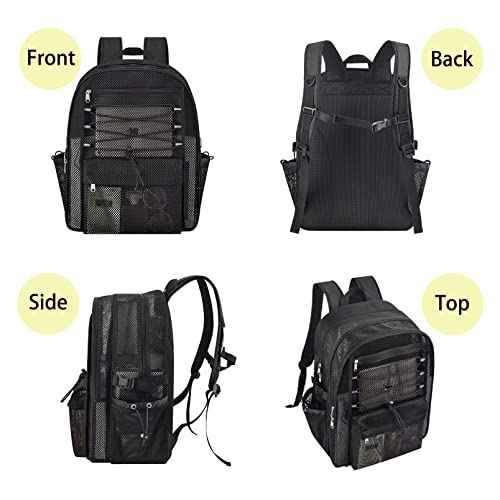 Mesh Backpack Heavy Duty for School, 35L Extra Large Mesh Bookbag for Adults, See Through Mesh Black School Bag with Laptop Pocket for Work Swimming Beach Fitness Sport