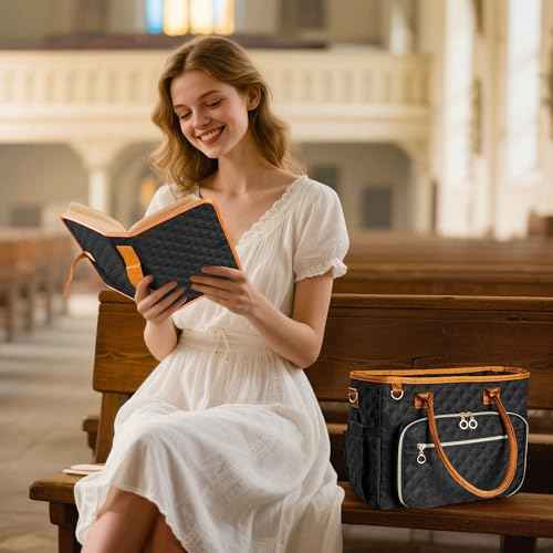 Large Bible Cover Case for Women, Church Tote Bags for Bible Study Supplies, Christian Gifts for Women (Black) Water Resistant Easy to Clean