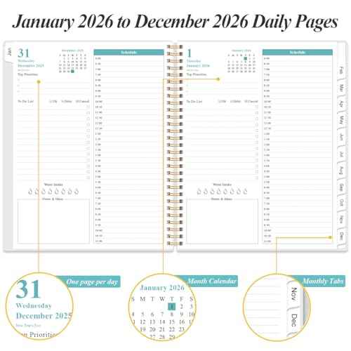 Daily Planner 2026 Full Page Per Day- 2026 Daily & Monthly Planner from January 2026 to December 2026, Day Planner 2026 with 12 Months Tabs, 8.5" x 11", Pink Flowers