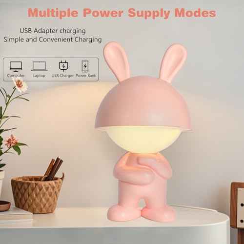 Rechargeable Rabbit Shape LED Dimmable Touch Desk Lamp Reading Night Light Cute Bunny Bedside Lamp (Pink)