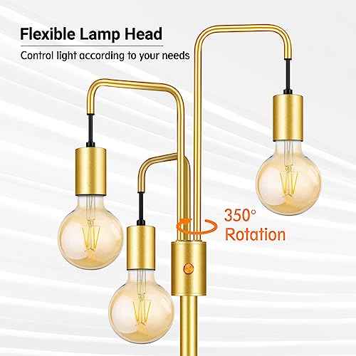 BoostArea Industrial Floor Lamp for Living Room,Gold Modern Standing Lamp Stand Up Lamp with 3 Light, Bulbs Not Included,Simple Design Floor Lamp for Bedroom, Living Room, Office, Kids Room, Reading