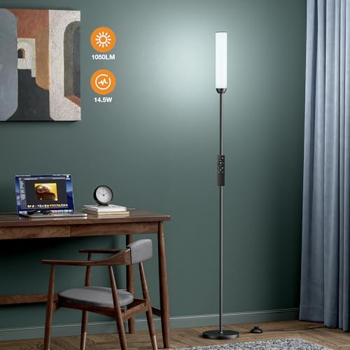 Ambimall LED Floor Lamp with Remote Control, 65" Standing Lamp with Stepless Adjustable 3000K-6500K Colors & 5%-100% Brightness, Foot Switch(Black)