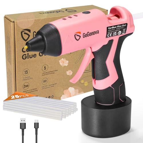 GoGonova Cordless Hot Glue Gun Kit with 2Ah Battery - Pink, Includes 25 Glue Sticks