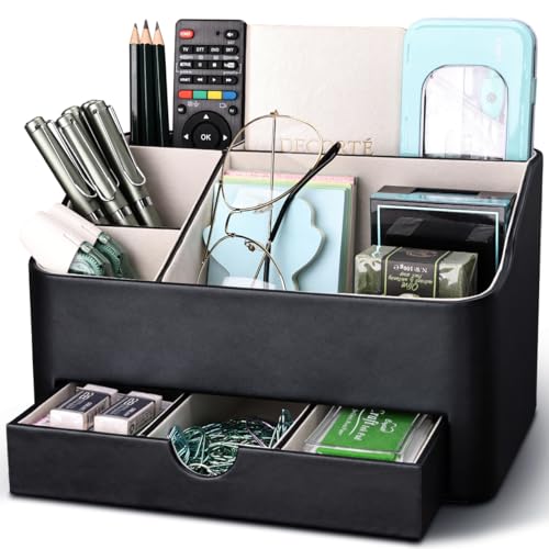 KINGFOM Desk Organizer with Drawer, Multifunction Pencil Holder for Desk, Desk Organizer and Accessories 5 Comparetments for Home Office Supplies (Black)