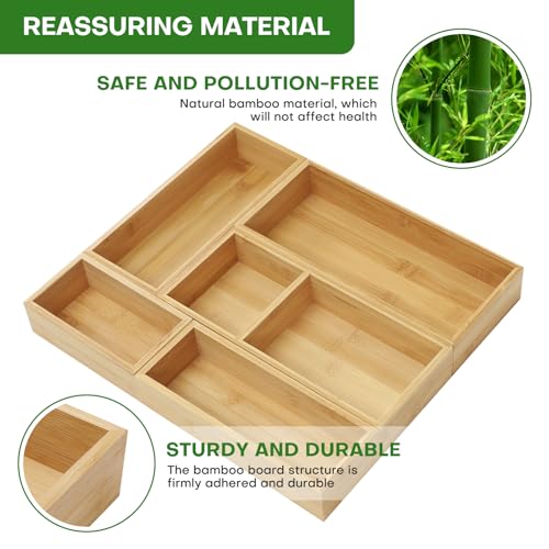 MapleGrace Bamboo Drawer Organizer Set - 5 pcs Natural Wood Storage Bins