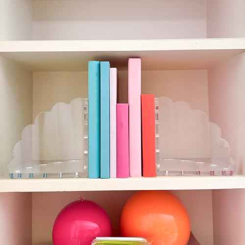 Scalloped Acrylic Bookends (Clear) ? Set of 2 Decorative Non-Slip Book Holders | Modern Minimalist Bookends for Shelves, Office, and Home D?cor ? Durable Transparent Book Supports