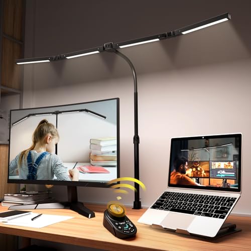 Adjustable LED Desk Lamp ? Stepless Dimming & Color Temp Remote Control, Eye-Caring 4 Large Bright Light Souce for Home Office, Gooseneck, Clamp Base, 5 Lighting Modes for Reading, Computer, DIY