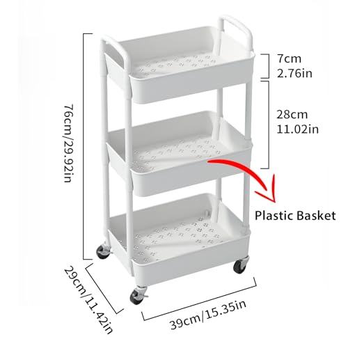 Sywhitta 3-Tier White Plastic Utility Cart with Lockable Wheels for Storage