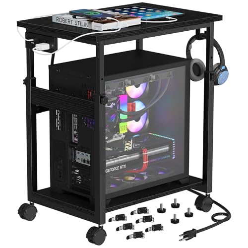 Snughome Extra-Large Adjustable Computer Tower Stand with Charging Station, 25.2–36.22 in, Mobile CPU Cart with Locking Wheels