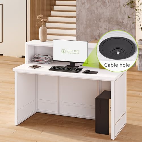 LITTLE TREE 57-Inch Reception Desk with Counter, Boho Style Front Desk, Modern Checkout Counter, Receptionist Desk for Retail, Lobby, Salon, Office, White