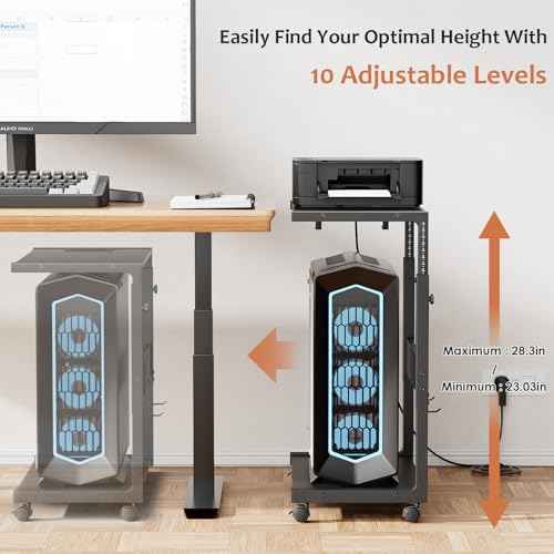 JANE EYRE Computer Tower Stand - Adjustable PC Tower Stand CPU Holder Cart with Charging Station for Office Home Classroom,23.03"-28.3" H, black