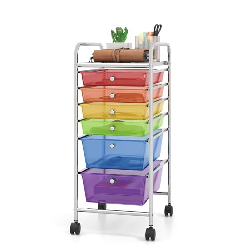 Julimoon Rolling Storage Cart with 6 Drawers,Mobile Storage Drawers Organizer, Multipurpose Plastic Utility Cart with Wheels for Home Office School Garage (Rainbow & Clear)¡¦