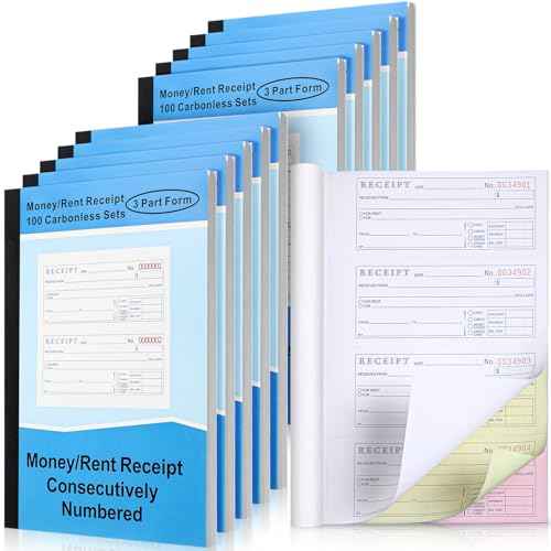 Crtiin 10 Sets Money and Rent Receipt Book 3 Part Carbonless, 7-5/8" x 10-7/8" Bound Cover, Receipt Log Book 100 Sets Per Book 4 Receipts Per Page