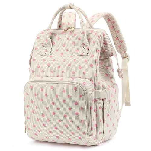 Women Corduroy College School Backpack Bookbag, 15.6 Inch Travel Laptop Backpack Casual Daypack (Flowers Pink)