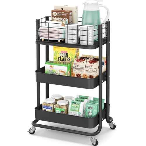 KINGRACK 3 Tier Rolling Cart, Metal Mobile Storage Shelf with Lockable Wheels, Utility Trolley Cart with Wheels, Storage Organizer for Kitchen, Office, Bathroom, Dorm, Black