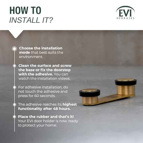 EVI Door Stoppers | Brass Door Holder for Bottom of Door - Adhesive and Screw Fastening - Protector Rubber - 1.97 Inch Wide Doors