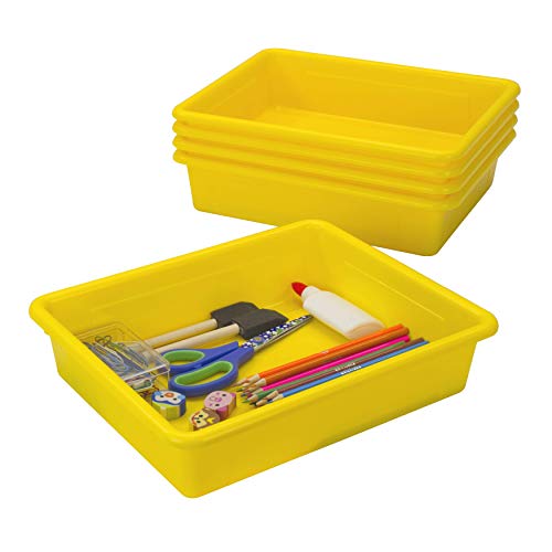 Storex Letter Size Flat Storage Tray ? Organizer Bin with Non-Snap Lid for Classroom, Office and Home, Yellow, 5-Pack (62538A05C)