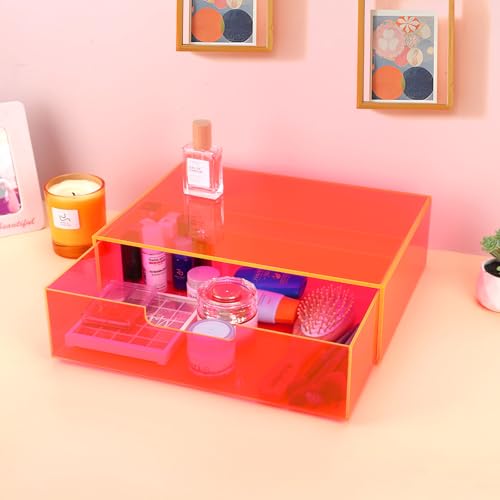 Gelite Acrylic Desk Organizer with Drawer for Makeup Vanity Stackable Desktop Storage Box for Office Supplies, 13.8 x 9.8 x 3.9¡¯¡¯, Neon Pink