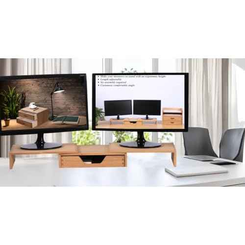 Monitor Stand Rier - Computer Riser with Storage Drawer for Office Supplies - Wood Desktop Organizer Shelves with Adjustable Length Angle - Desk Organizer Tray Rack for Laptop (YPJ3T-LT)