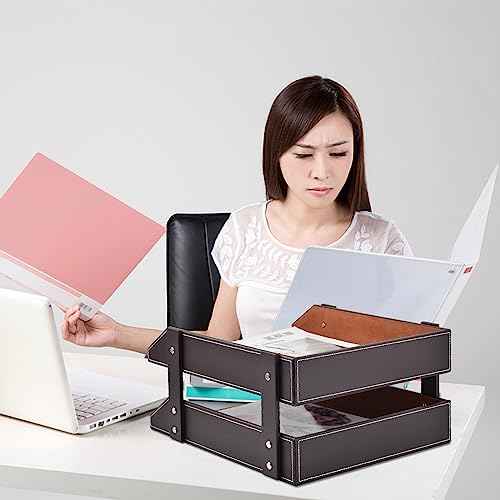 Leather Desk Organizer,2-Tier Stackable Letter Tray Holder,Office Supplies Desktop Storage Box for Document,Stationery,Magazines,Newspapers,Letters and Other Home Office Paper Sundries,Coffee