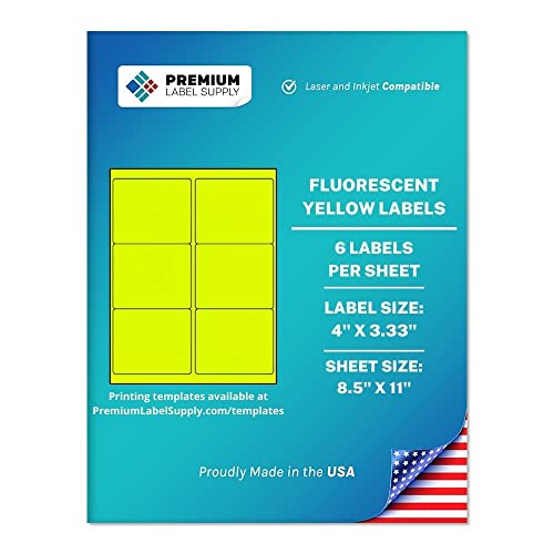 Premium Label Supply Bright Neon Color Fluorescent Stickers - 4" x 3.33" Labels - (Fluorescent Yellow, 600 Labels)