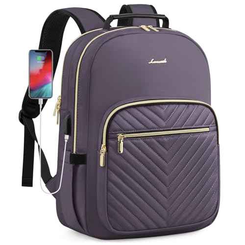 LOVEVOOK Laptop Backpack Purse for Women, Large Capacity Travel Business Computer Work Bag, Quilted Casual Nurse Backpack for Womens, Fit 15.6 Inch Laptop with USB Port, Purple Grey