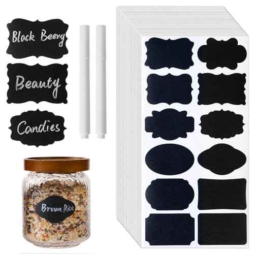 360Pcs Chalkboard Labels ? 2.1x1.4 Inch Reusable Blackboard Stickers with 2 White Erasable Chalk Markers, 12 Assorted Shapes, for Mason Jars, Food Containers, and Pantry Storage
