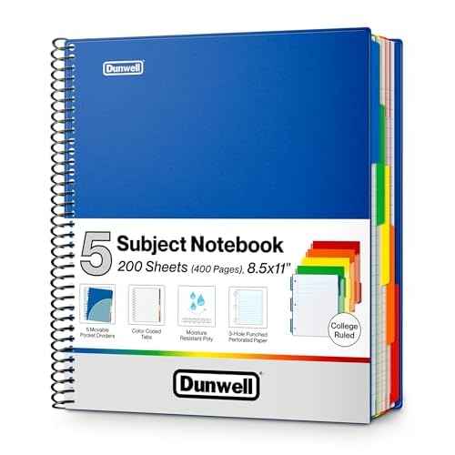 Dunwell 5-Subject Spiral Notebook, College Ruled (Blue), Colorful Movable Pocket Dividers with Tabs, Front/Back Plastic Covers, 200 Sheets (400 Pages) of 3-Hole Punch Perforated 8.5x11 Paper